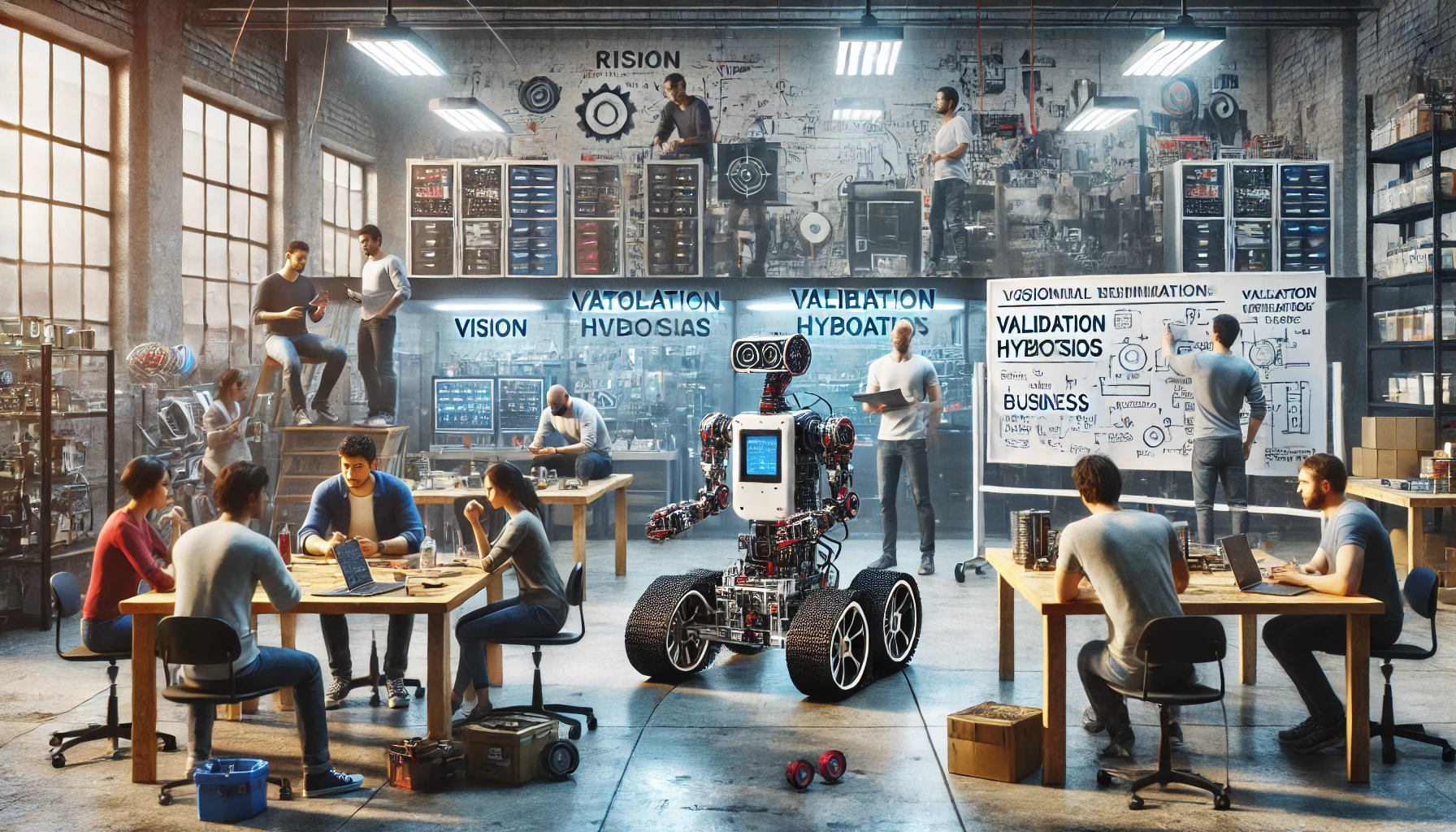 A realistic image showcasing the early stages of a robotics startup