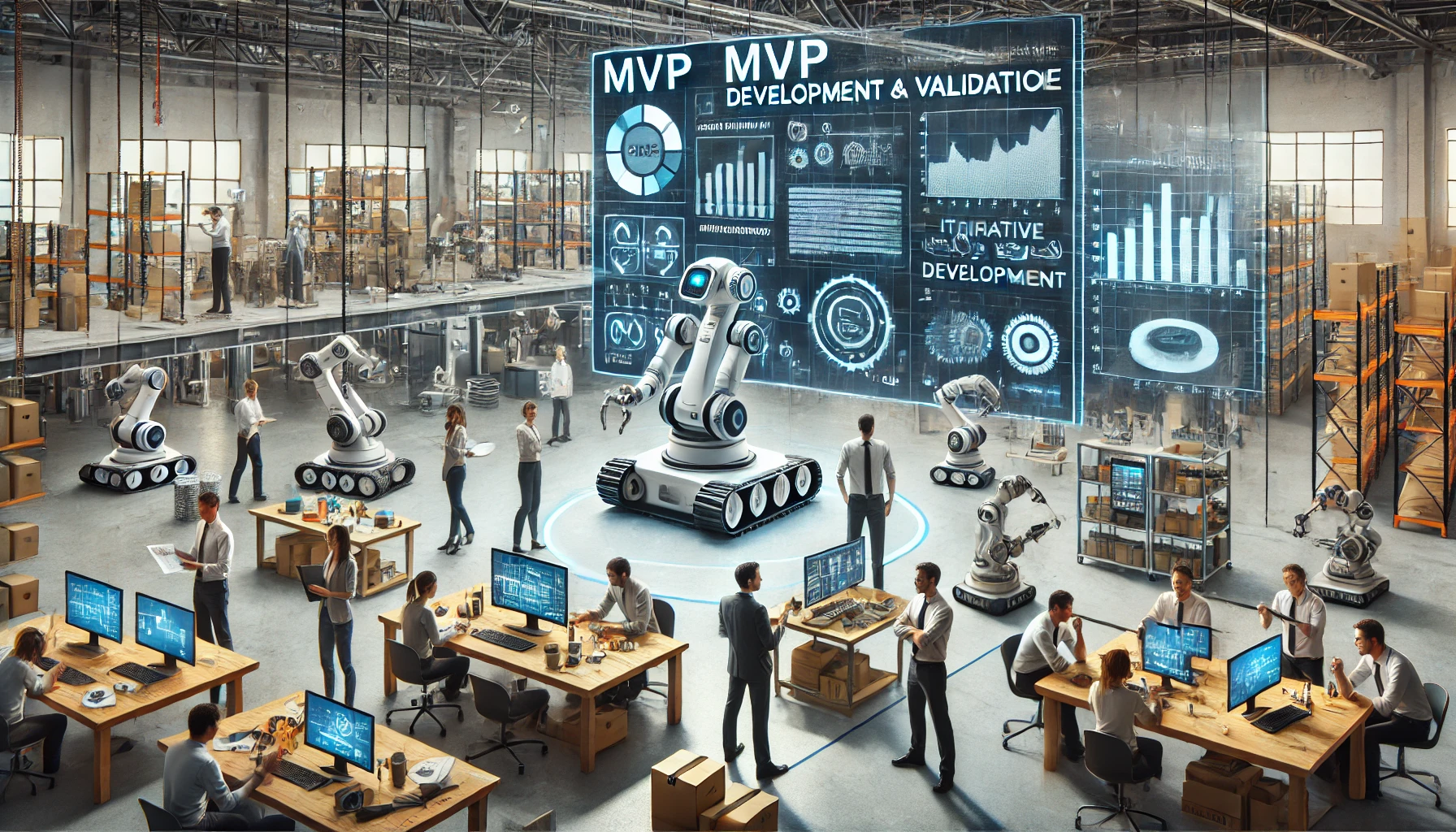 A visually engaging and modern image illustrating the MVP Development and Validation stage for Robotics-as-a-Service (RaaS) startups.